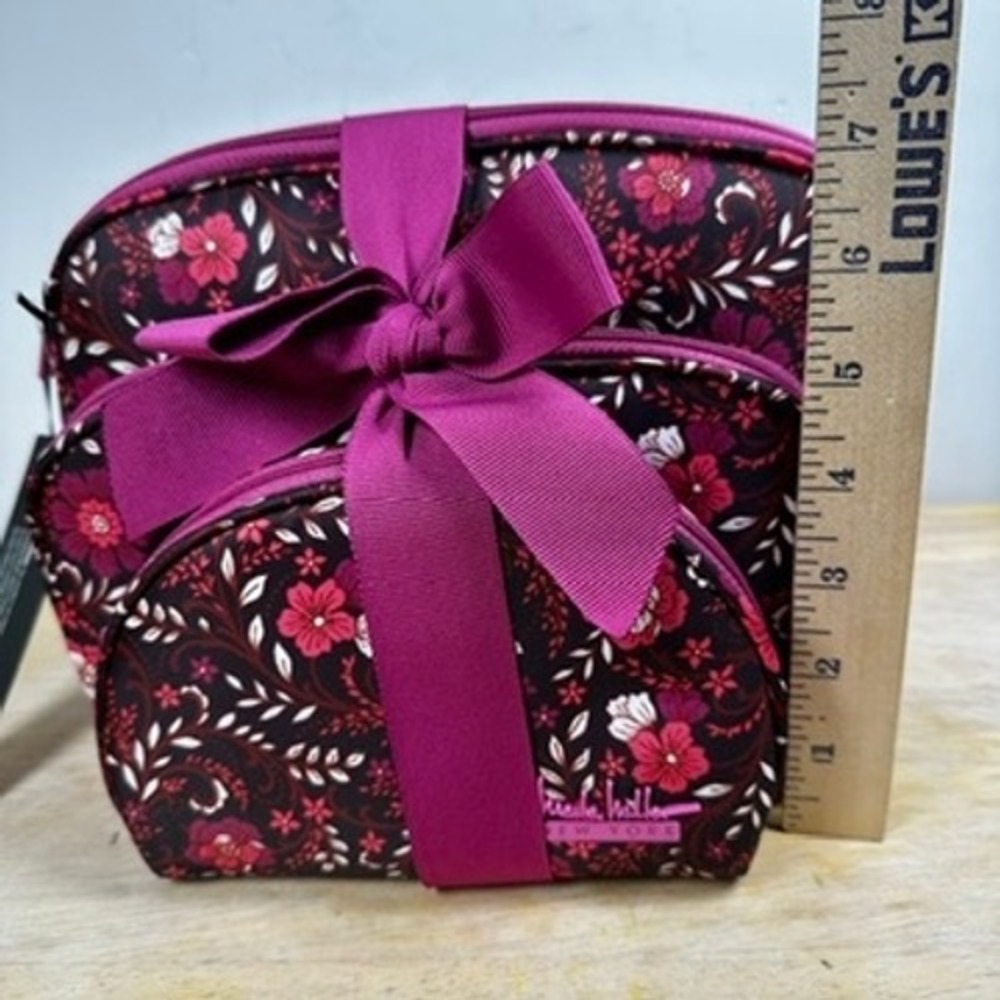 Nicole Miller Cosmetic Bag 3-Piece Set Burgundy Floral Toiletry Travel Pouch NWT - Picture 5 of 6